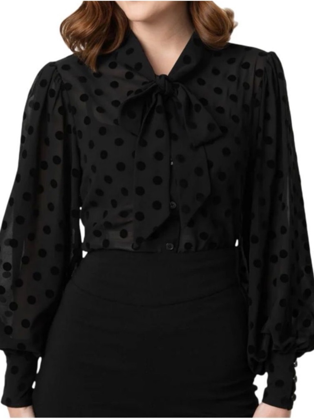 NWOT - Unique Vintage - Black Flocked Polka Dot Gwen Blouse - Large